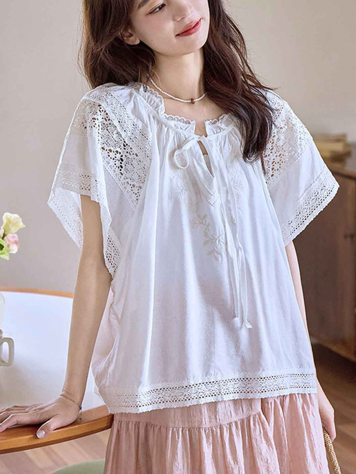 Jessica Chic Lace Embroidered Hollowed Tie Shirt