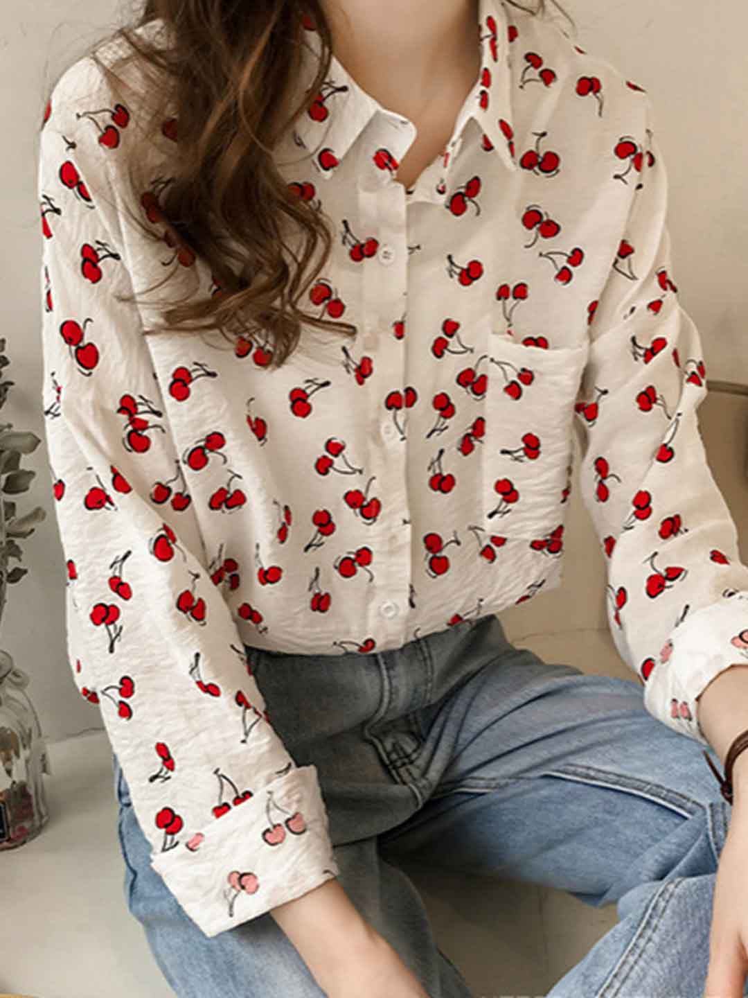 Natalie Classic Lapel Cherry Printed Shirt