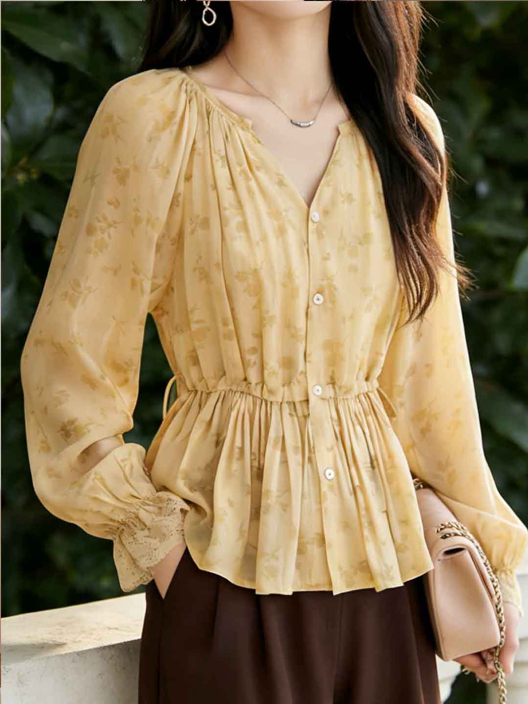 Olivia Loose V-Neck Lantern Sleeve Drawstring Lace Top