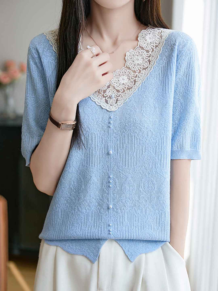 Rachel Casual V-Neck Jacquard Hollowed Knitted Top