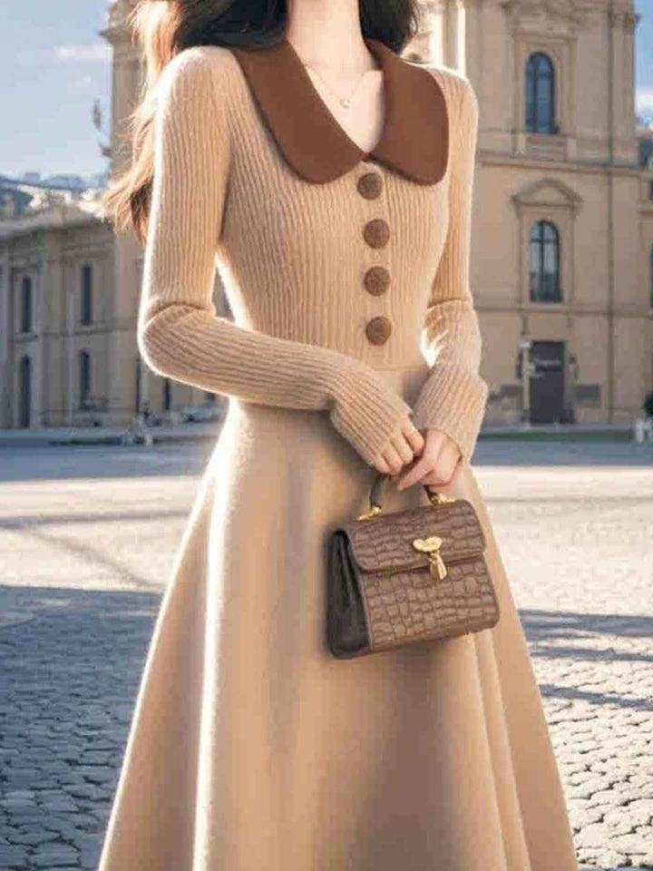Grace Vacation Lapel Color-Blocked Knitted Dress