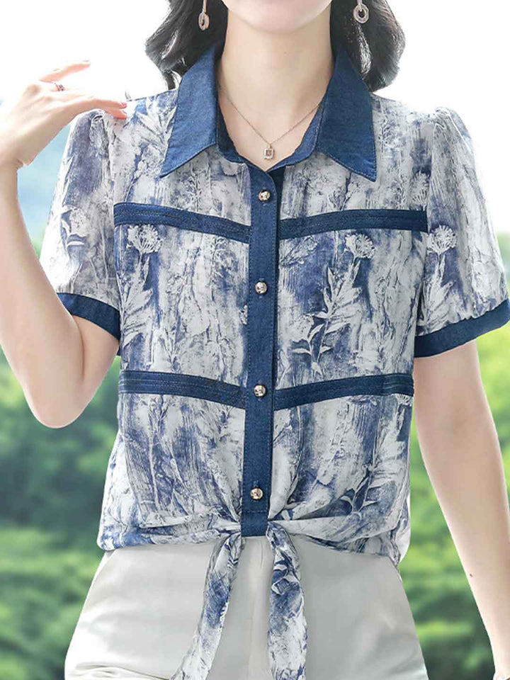 Sophie Classic Polo Printed Denim Chiffon Shirt