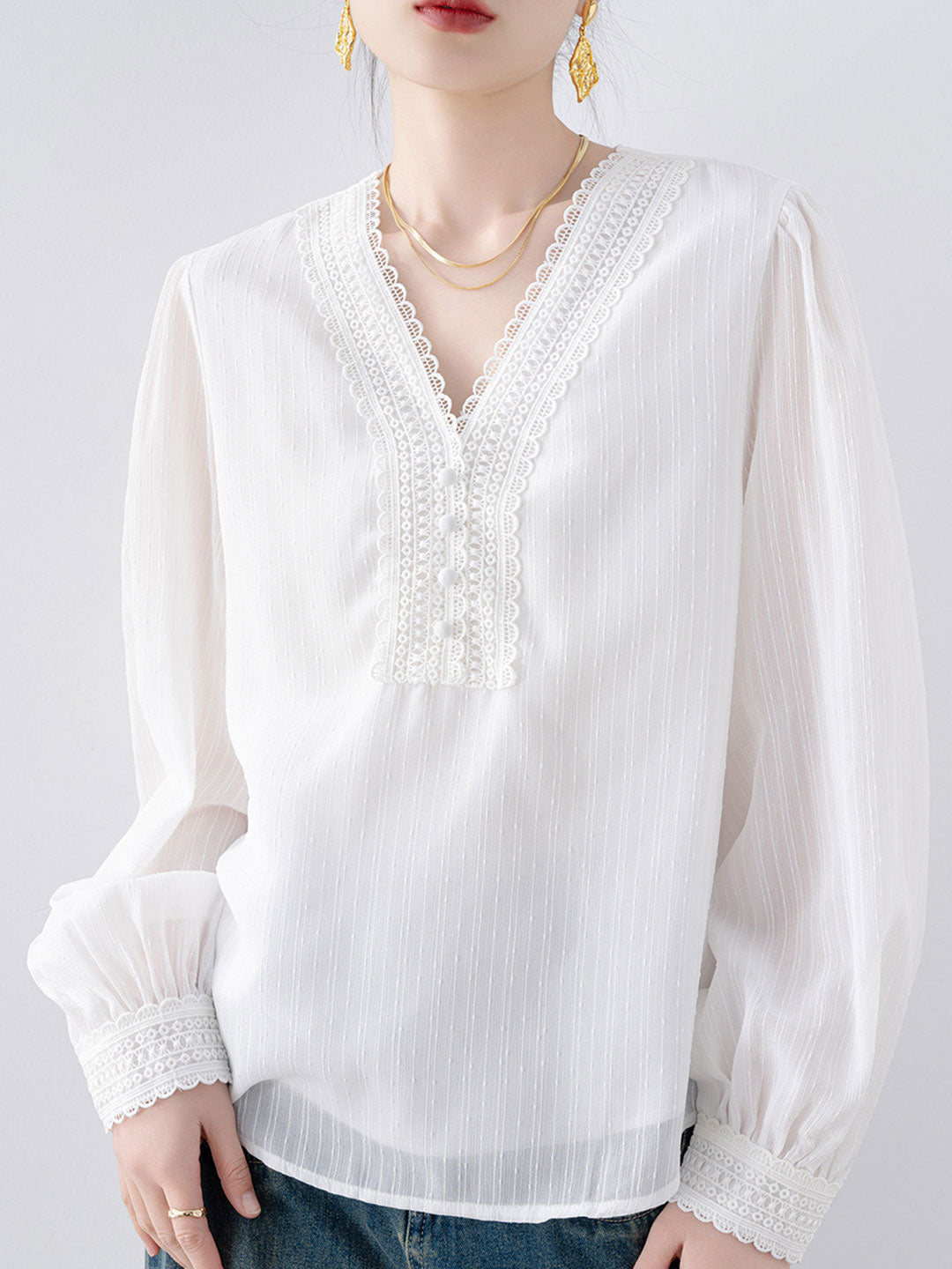 Natalie Retro V-Neck Lace Hollowed Blouse