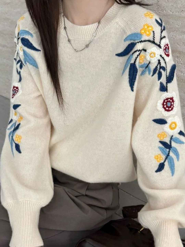 Andrea Casual Crew Neck Flower Embroidered Knitted Sweater