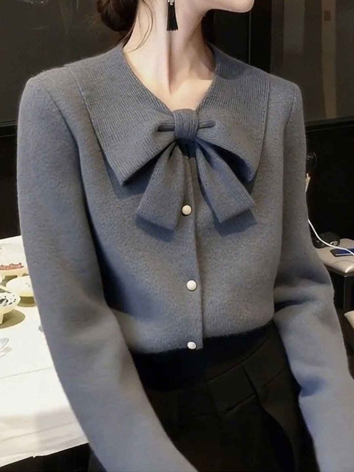 Natalie Elegant Lapel Solid Color Bow Knitted Sweater
