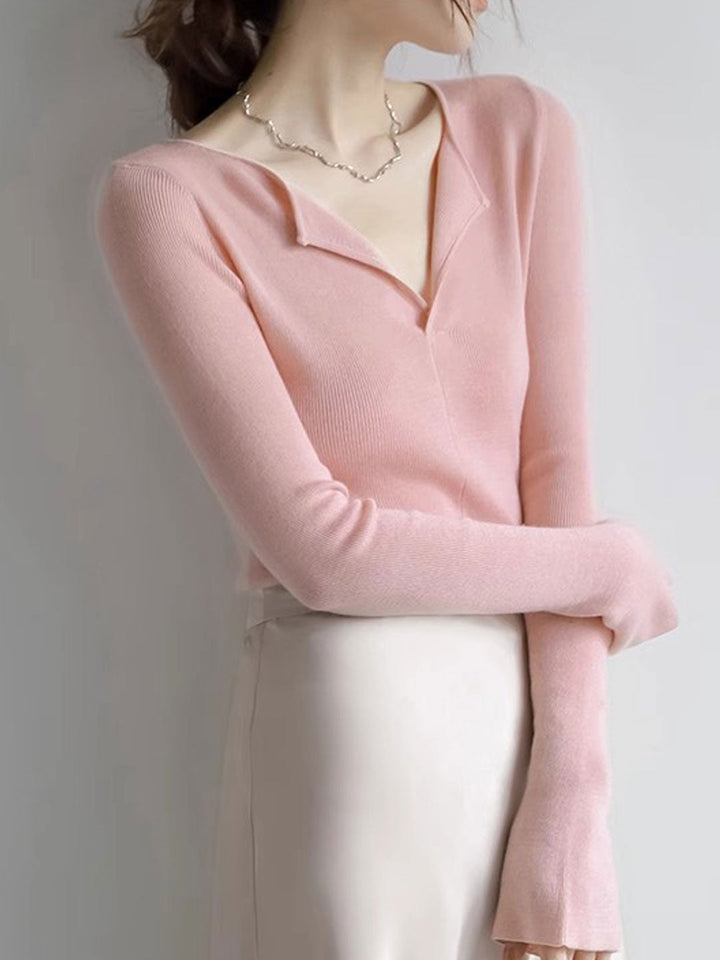 Sophia Slim V-Neck Solid Color Knitted Sweater