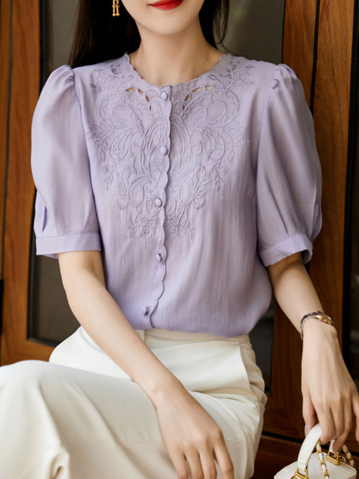 Jocelyn Elegant Embroidered Lantern Sleeve Shirt-Khaki