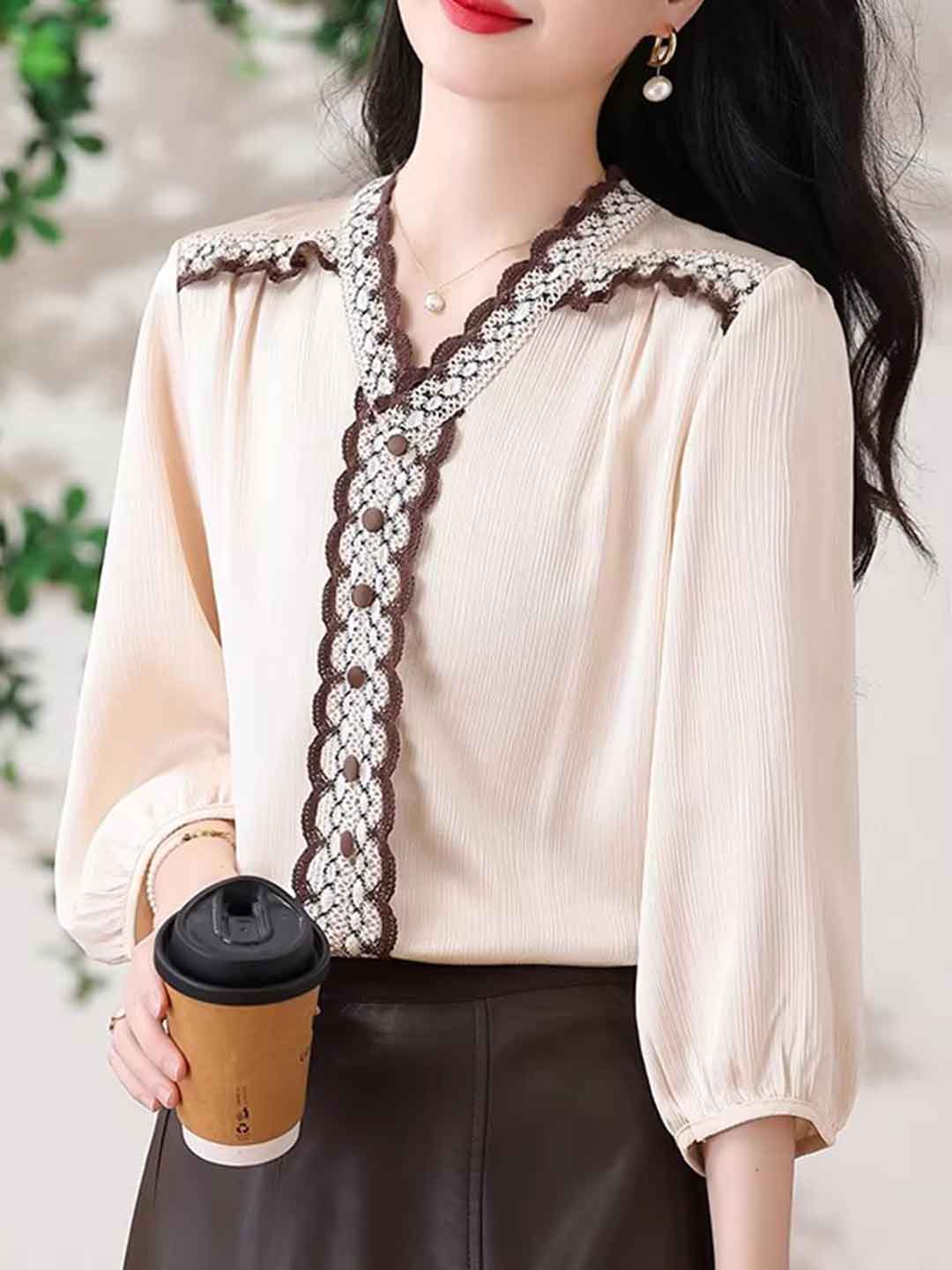 Nevaeh Casual V-Neck Embroidered Satin Shirt