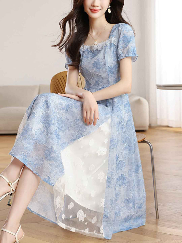 Emma Elegant Square Neck Jacquard Waisted Dress