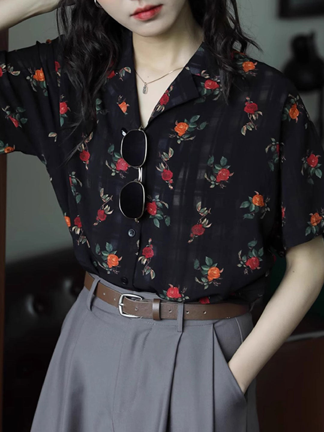 Kayla Retro Polo Collar Printed Shirt