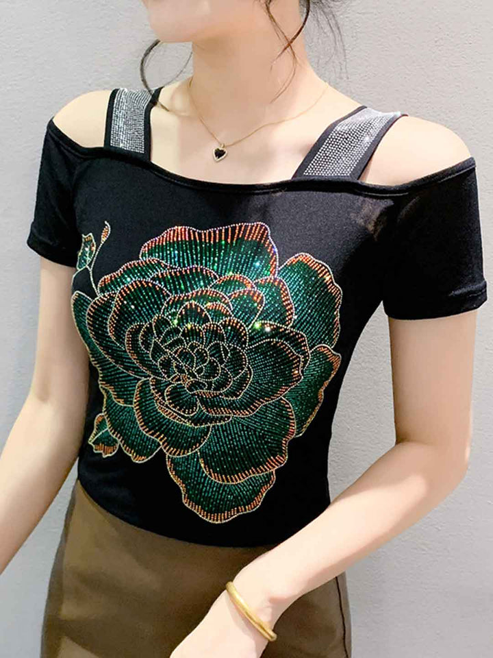 Lily Slim Off-The-Shoulder Mesh Rhinestone Top
