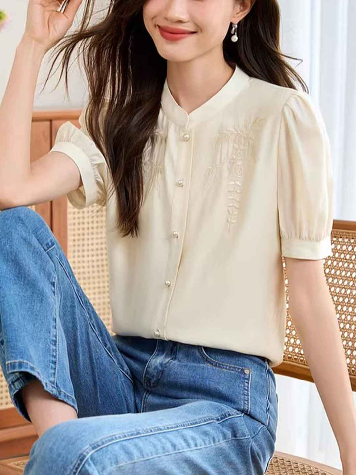 Emma Classic V-Neck Embroidered Shirt