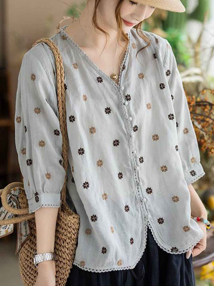 Alexis Loose V-Neck Embroidered Patchwork Blouse