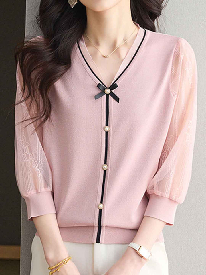 Taylor Loose V-Neck Bow Lace Knitted Top