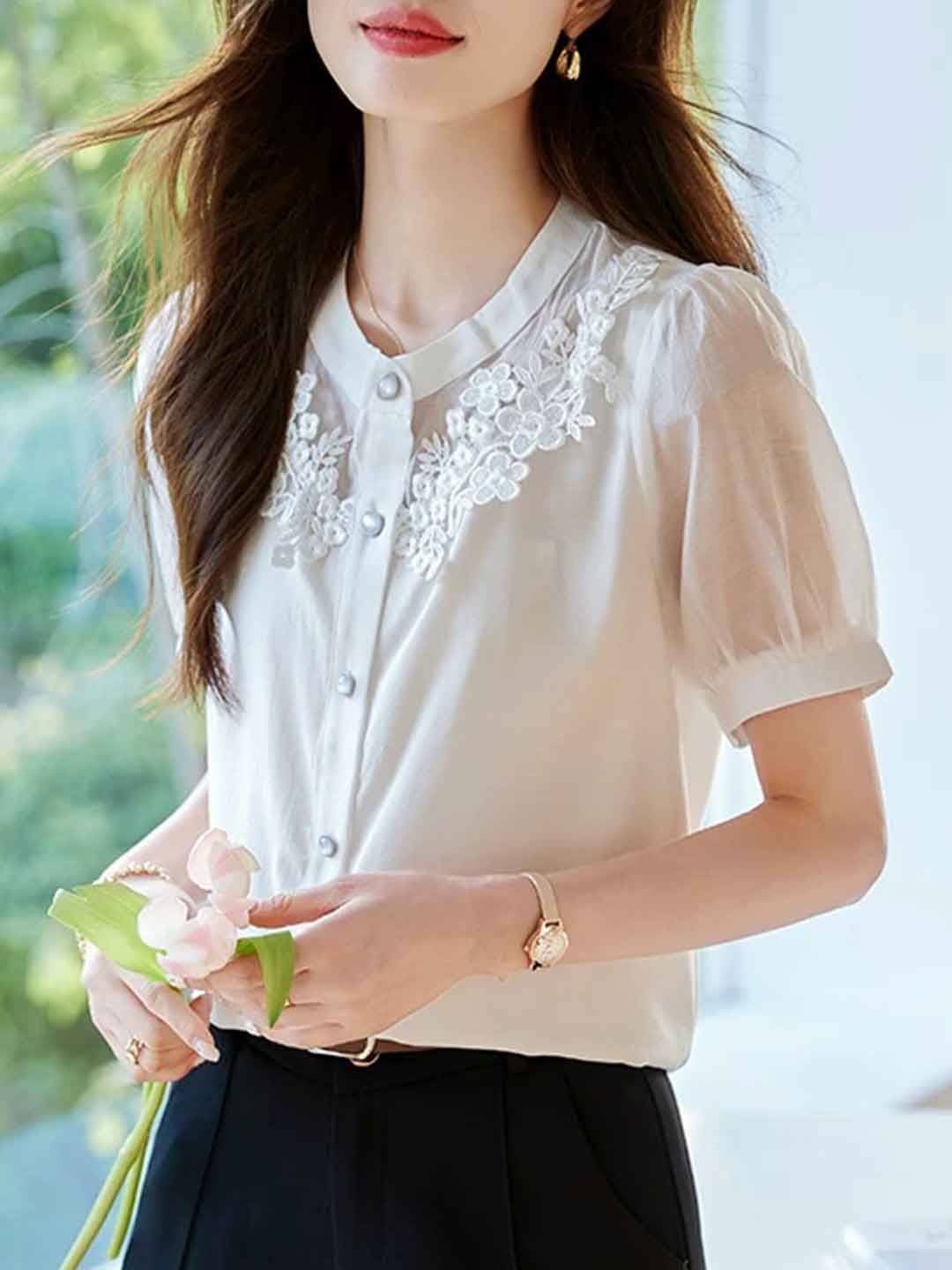 Kaylee Elegant V-Neck Puff Sleeve Embroidered Chiffon Top