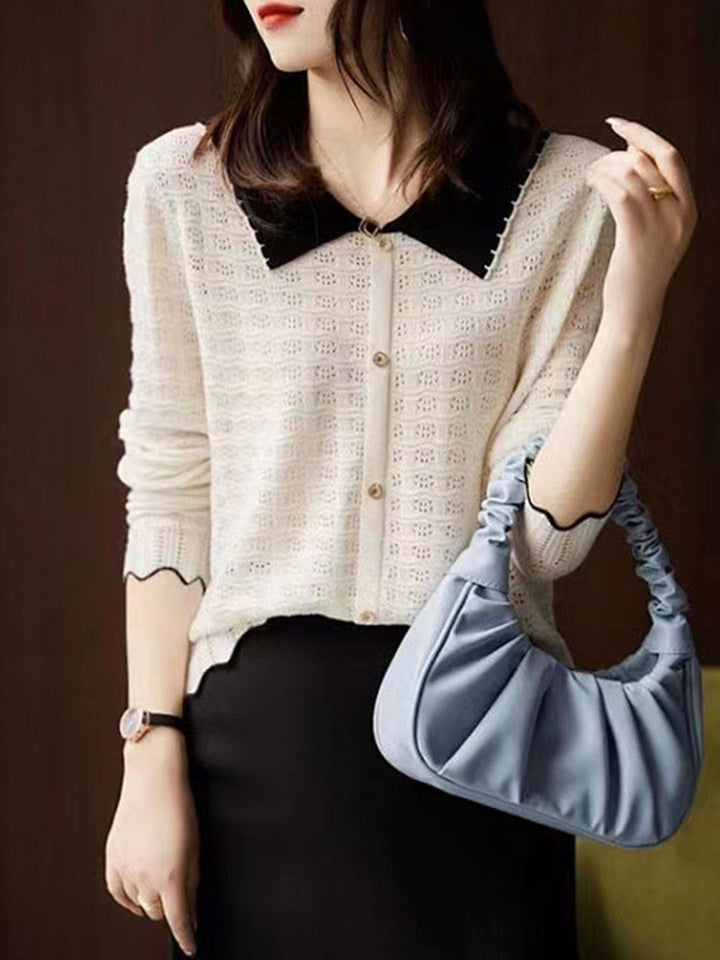 Kayla Retro Contrast Color Doll Collar Knitted Top-Black