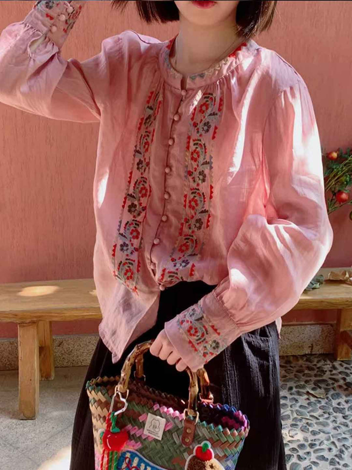 Jasmine Loose Crew Neck Lantern Sleeve Embroidered Top