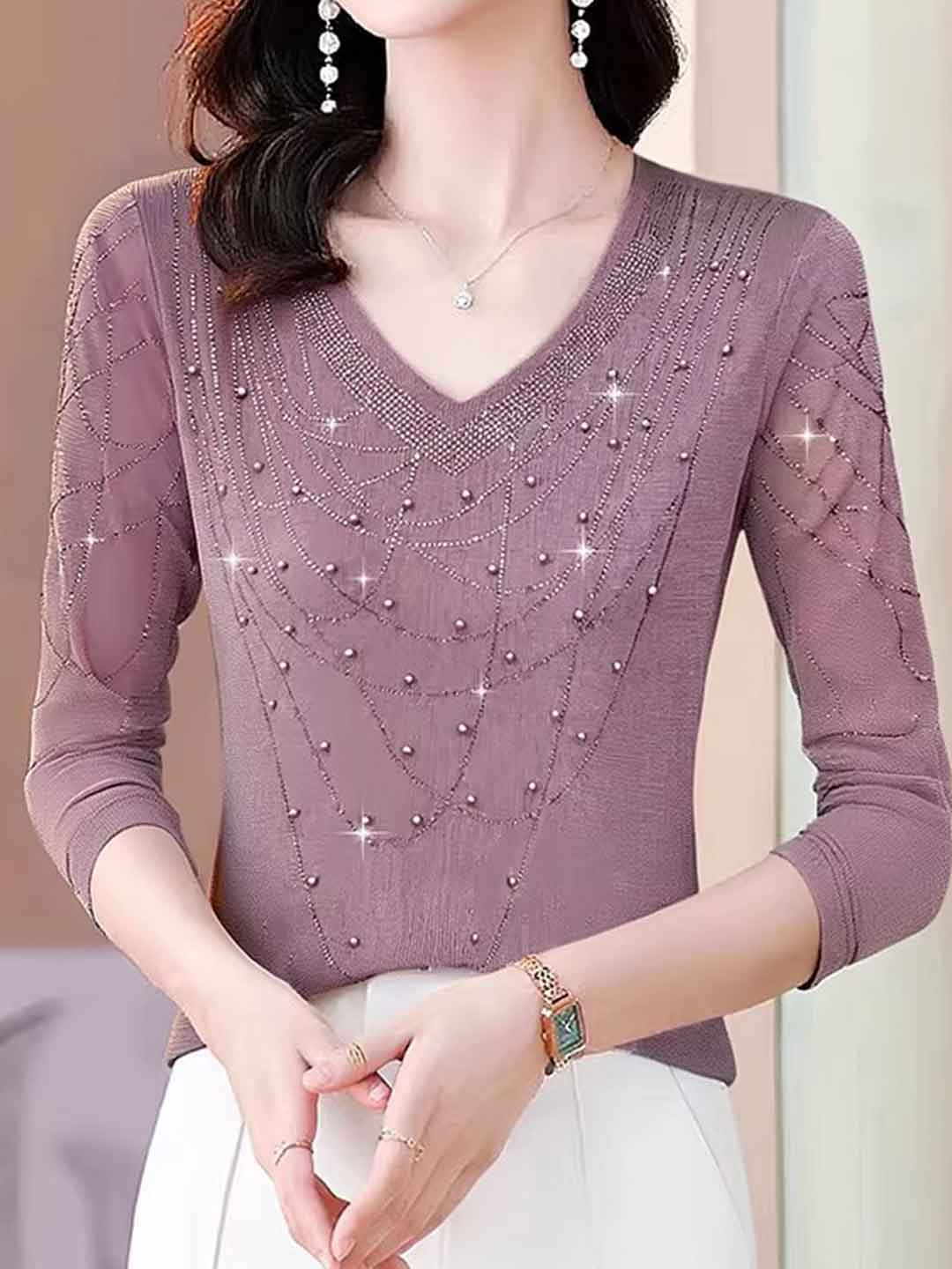 Grace Classic V-Neck Mesh Rhinestone Top