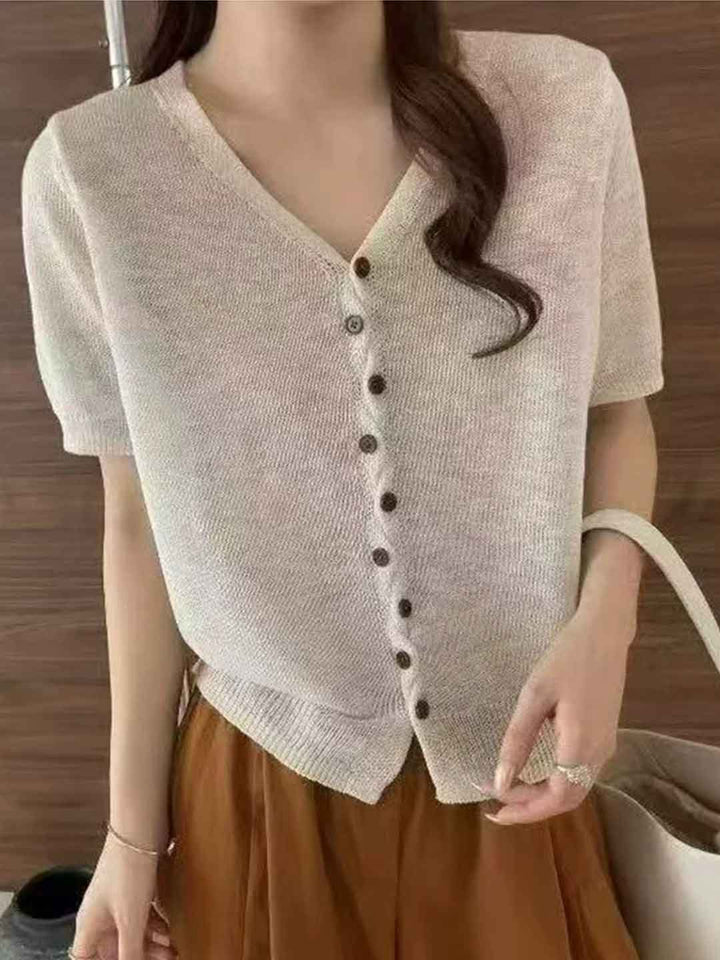 Chloe Casual V-Neck Buttons Solid Color Knitted Top