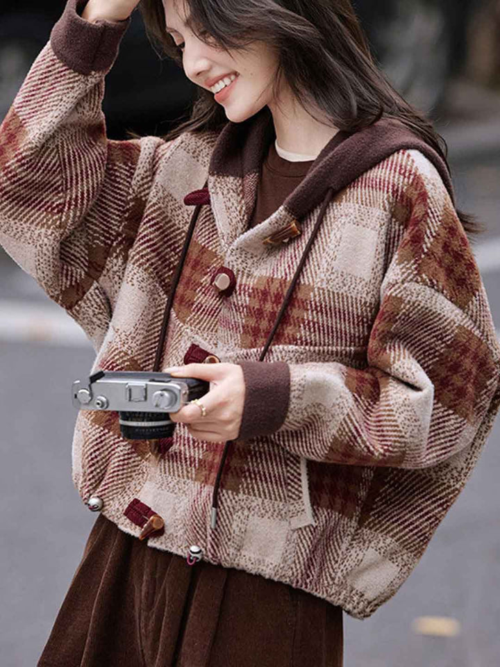 Brianna Casual Color-Blocked Plaid Hooded Top