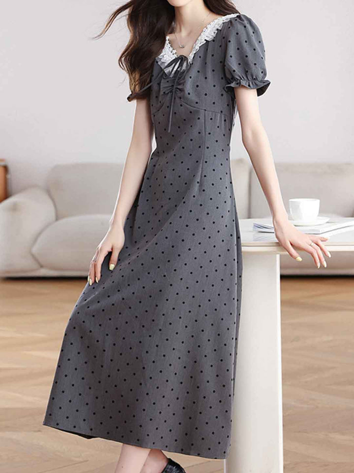 Riley Casual V-Neck Puff Sleeve Polka Dot Dress