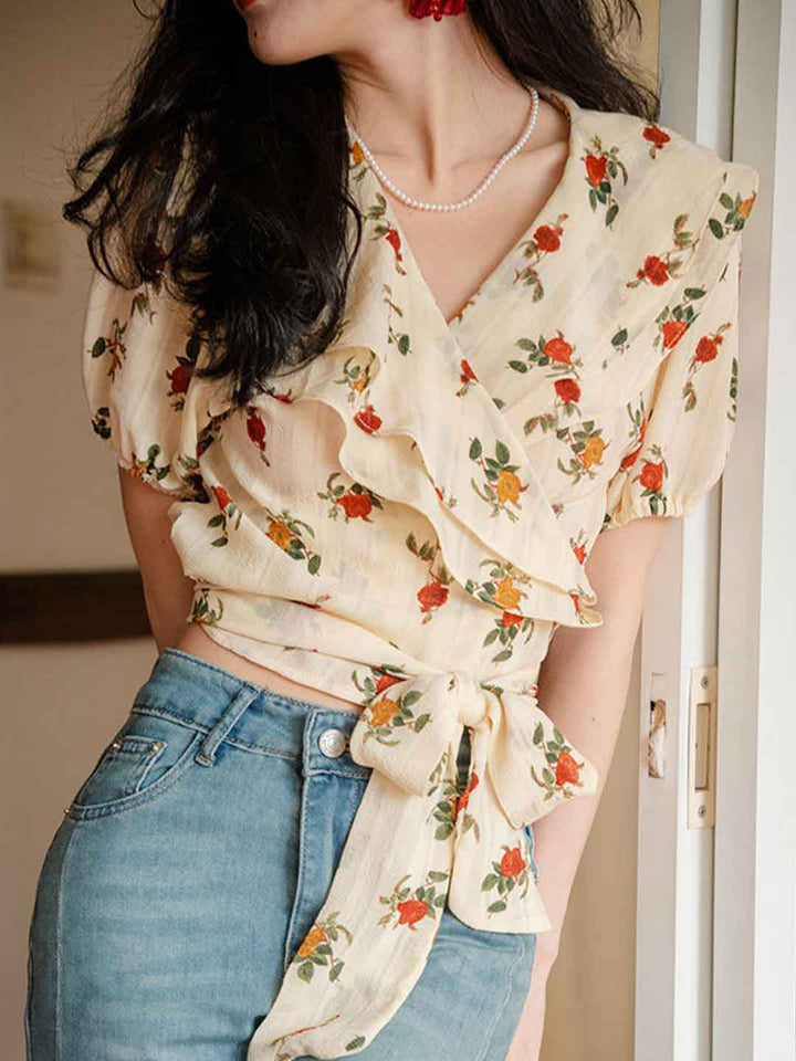 Addison Chic V-neck Waisted Floral Chiffon Top