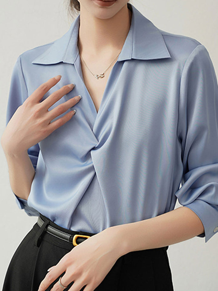 Emily Loose V-Neck Solid Color Satin Shirt