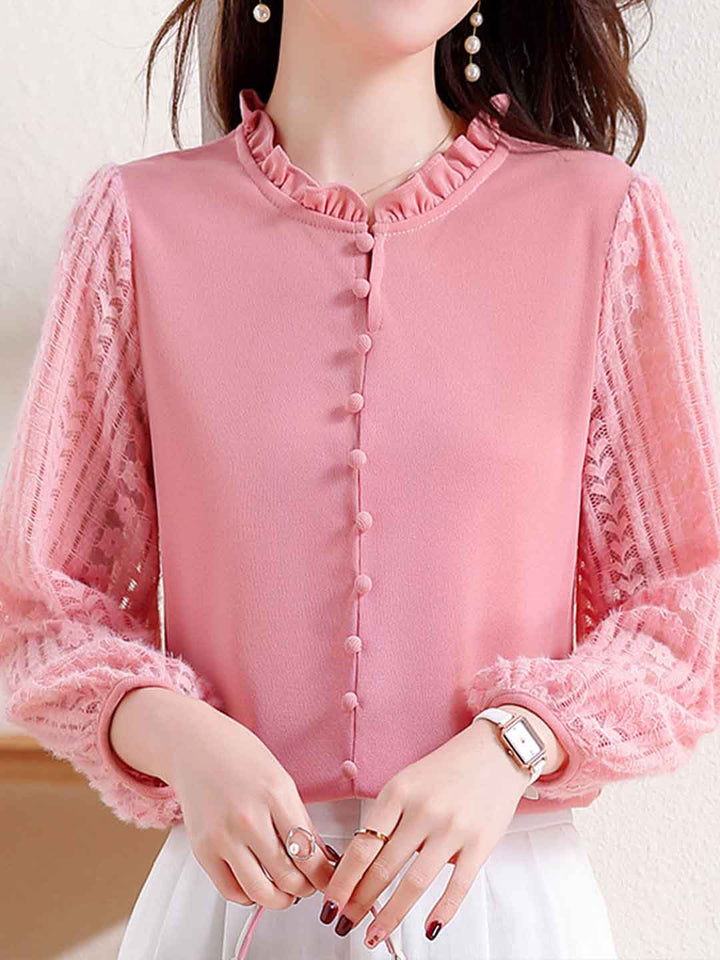 Arianna Loose Ruffle Collar Lantern Sleeve Lace Top