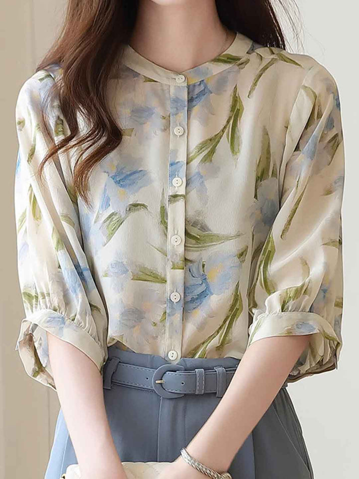 Nevaeh Loose Crew Neck Printed Chiffon Shirt