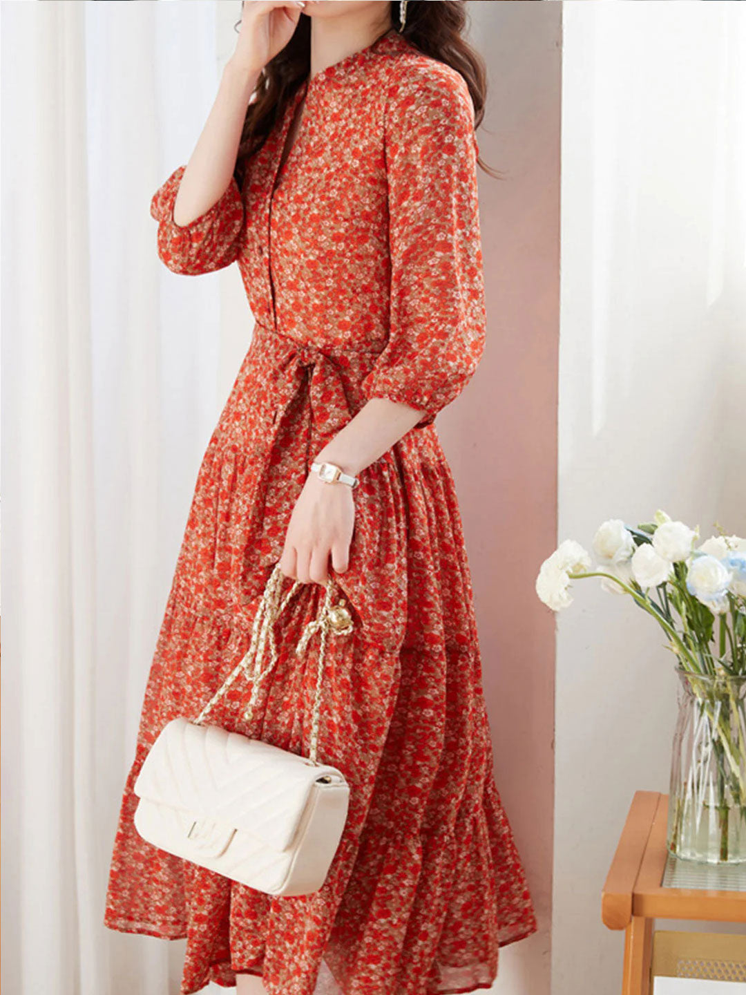 Alexis Vintage Ruffle Floral Chiffon Dress