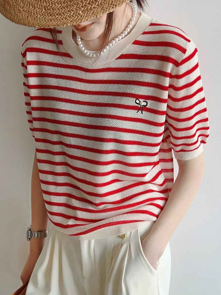 Grace Classic Crew Neck Striped Bow Beaded Knitted Top