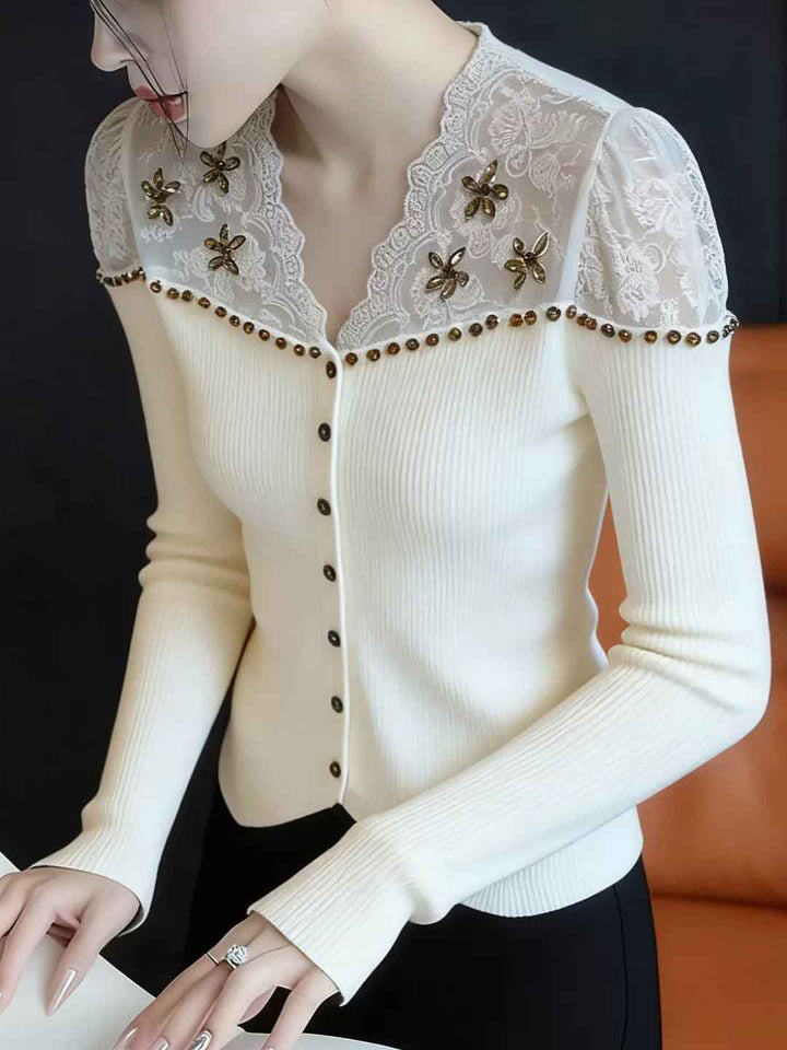 Arianna Slim V-Neck Rhinestone Lace Top