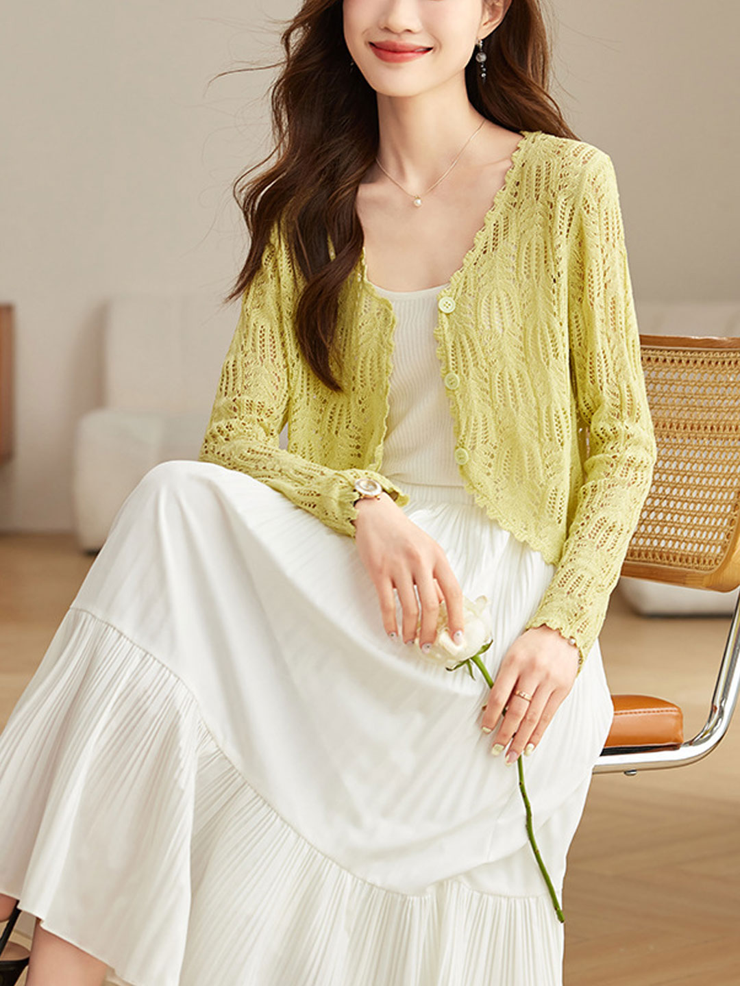 Emma Elegant V-Neck Hollowed Ice Silk Knitted Cardigan