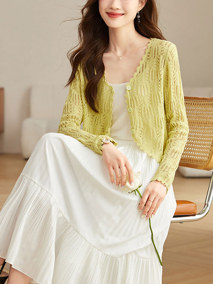 Emma Elegant V-Neck Hollowed Ice Silk Knitted Cardigan