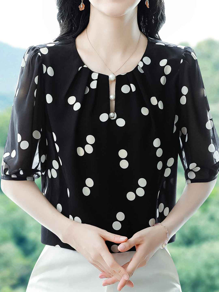 Melanie Loose Crew Neck Puff Sleeve Polka Dot Chiffon Top