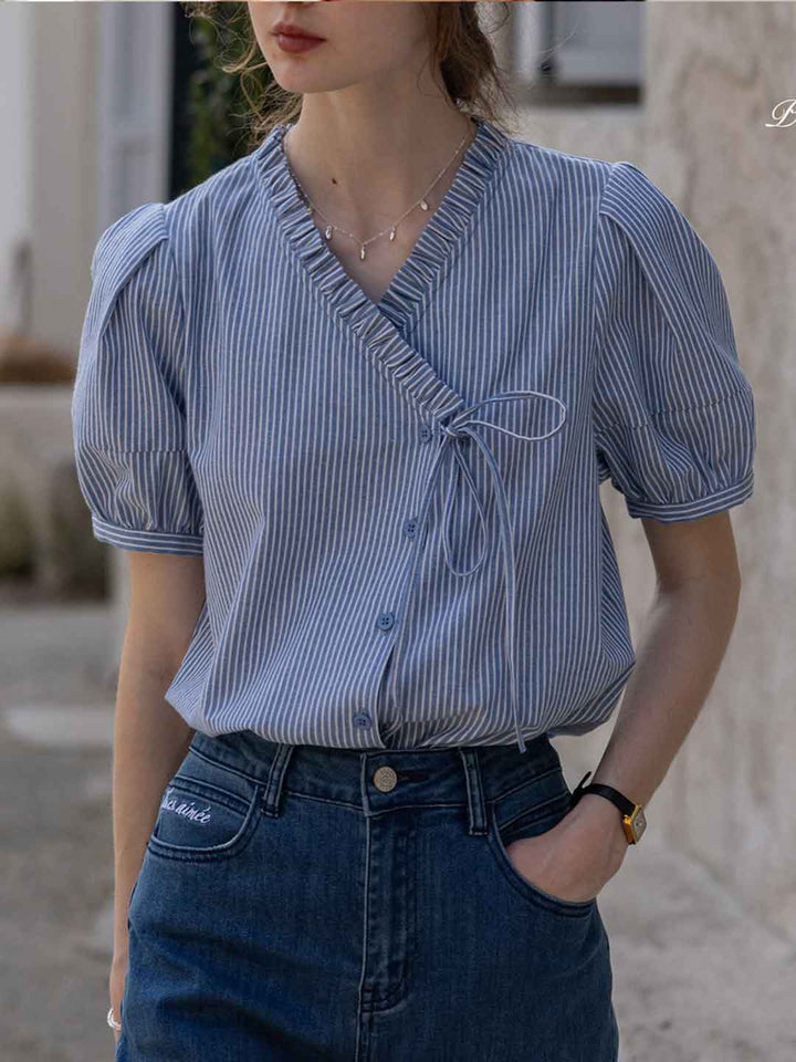 Sofia Retro V-neck Puff Sleeve Asymmetrical Top