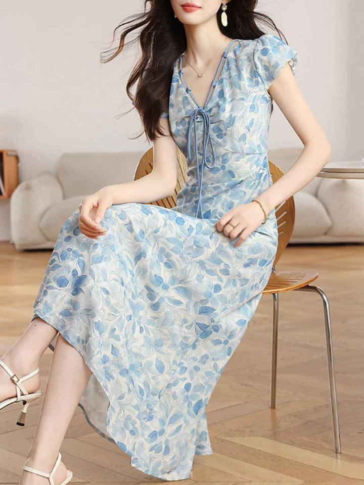 Chloe Elegant V-neck Waisted Printed Dress