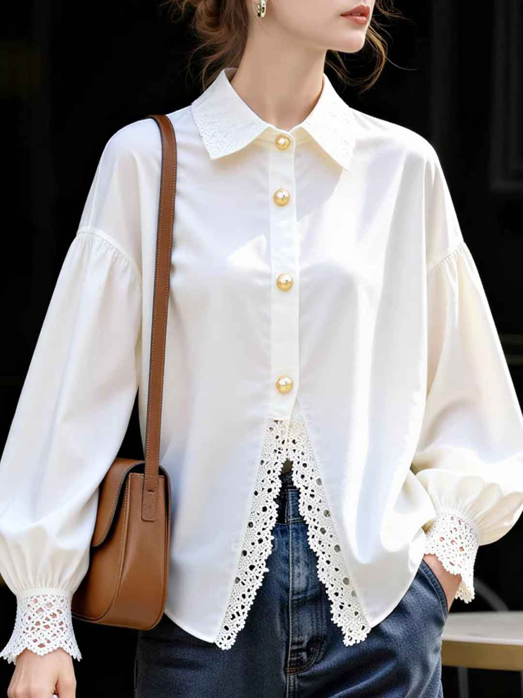 Kaylee Retro Lapel Solid Color Lace Trimmed Top