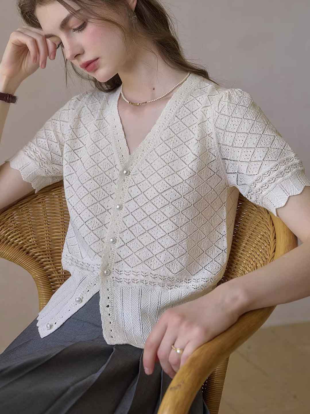 Hailey Daily V-Neck Solid Color Hollowed Cardigan