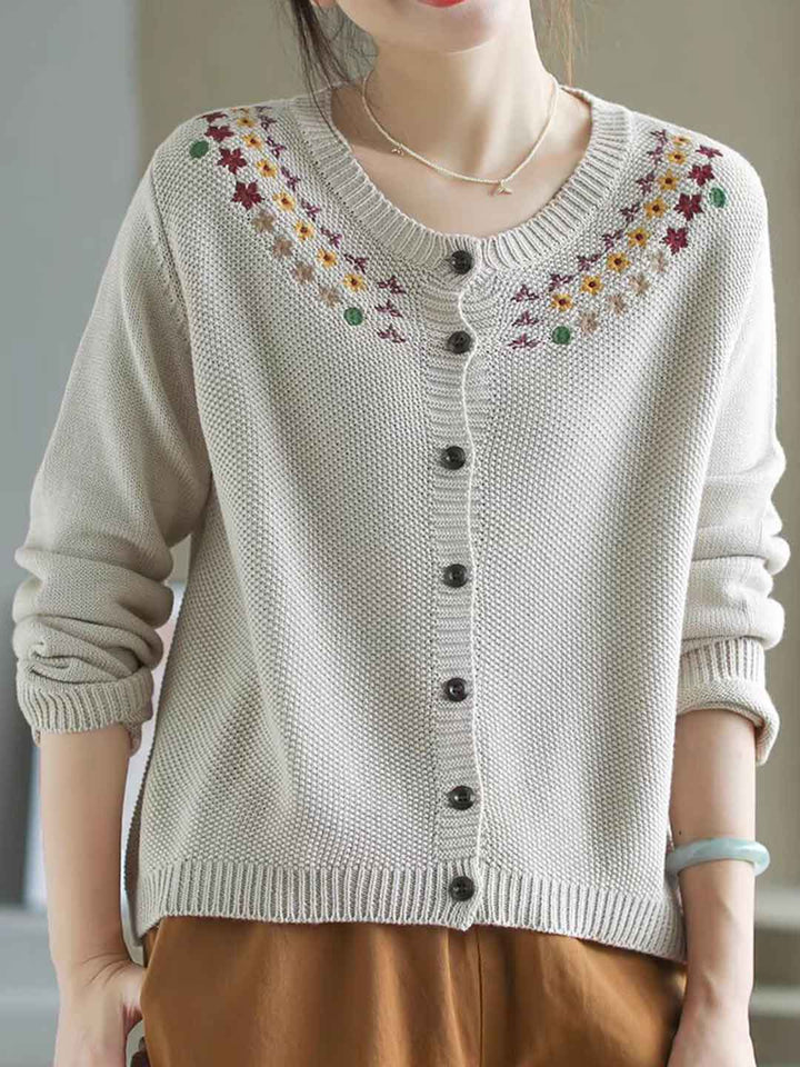 Sofia Casual Crew Neck Embroidered Knitted Cardigan