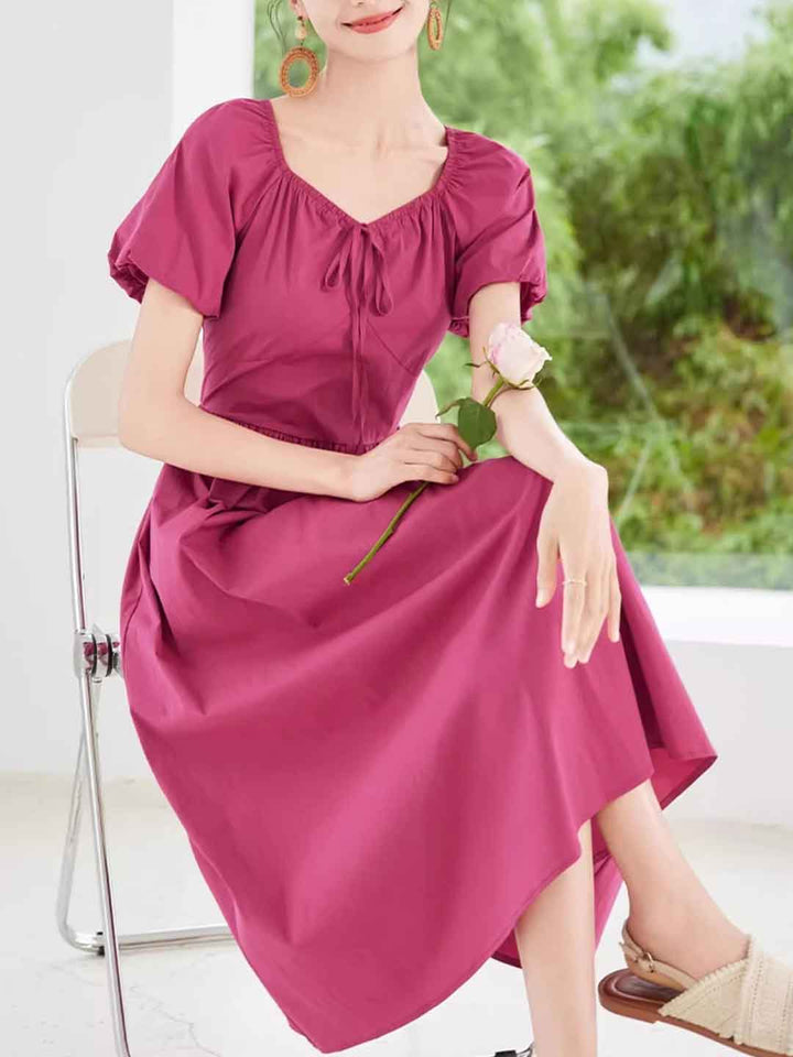 Faith Retro V-Neck Puff Sleeve Solid Color Dress