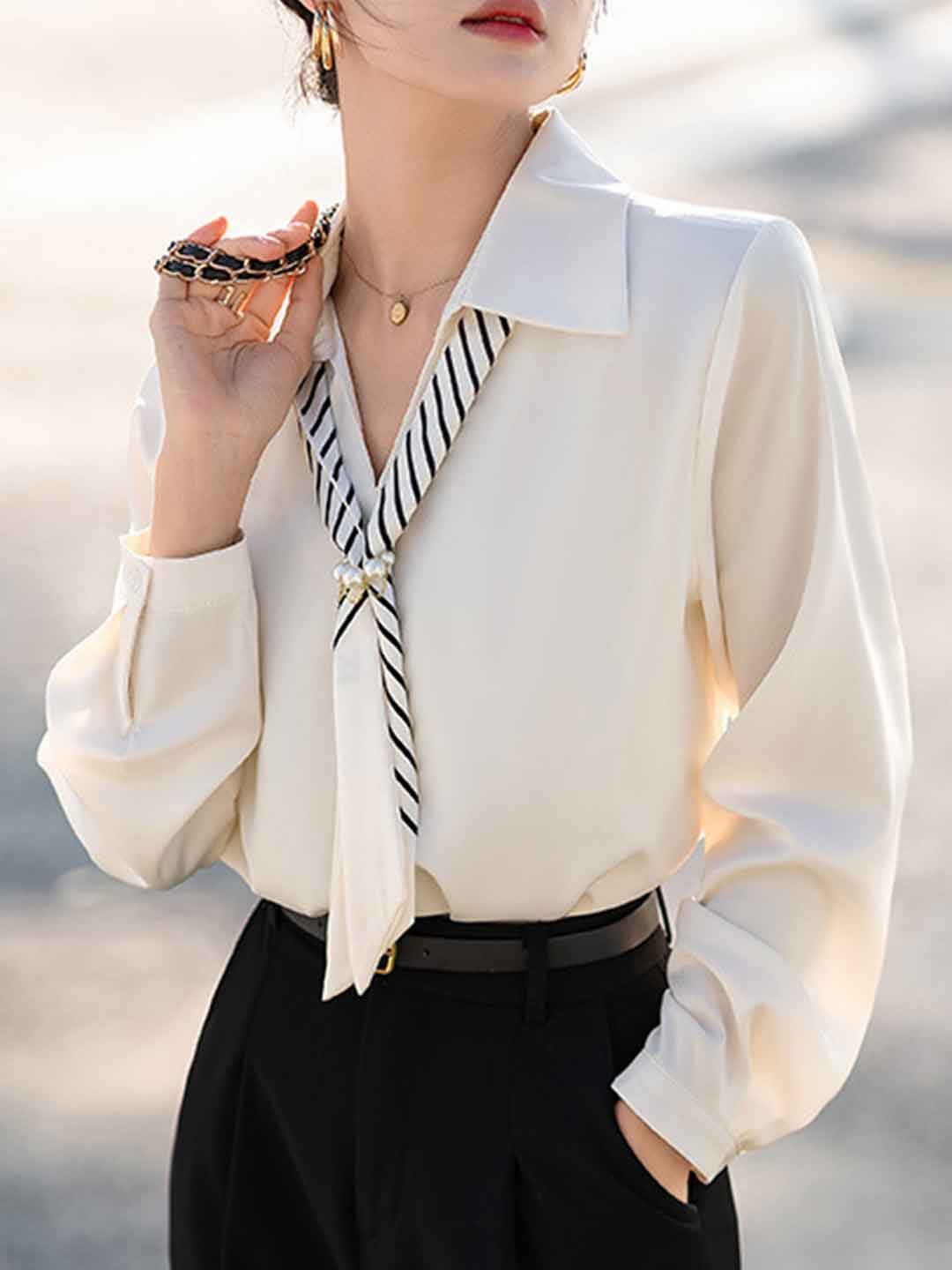 Olivia Lapel Solid Color Satin Ribbon Shirt