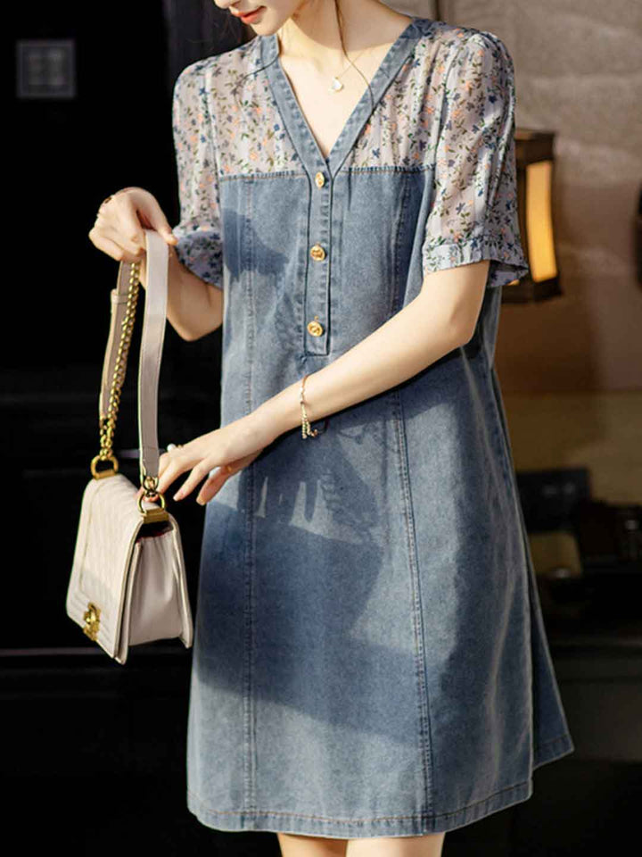 Madison Casual V-Neck Printed Patchwork Dress