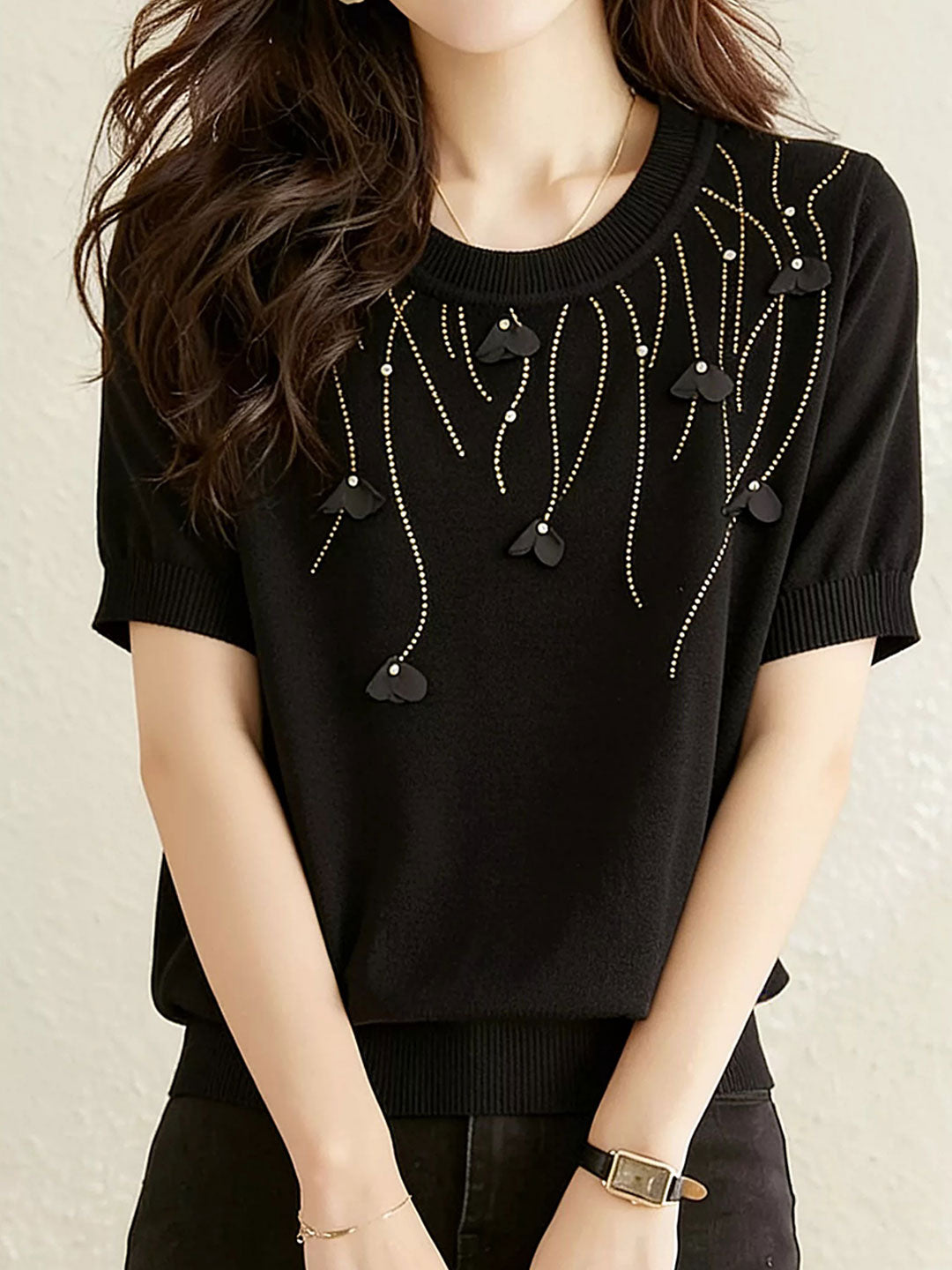 Maria Classic Crew Neck Rhinestone Flower Knitted Top