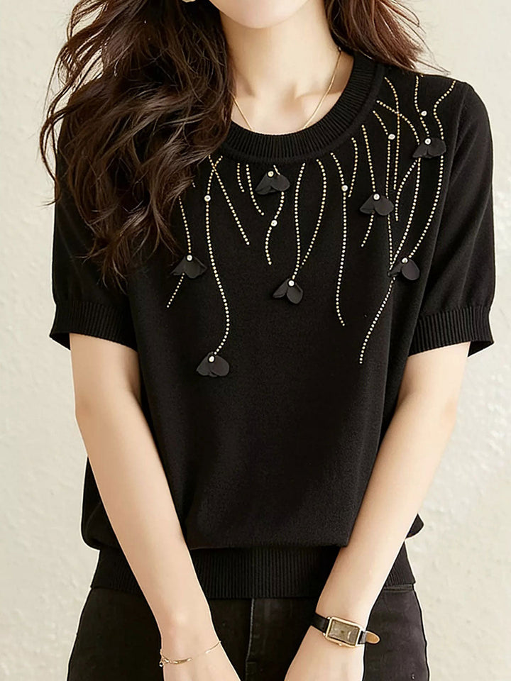 Maria Classic Crew Neck Rhinestone Flower Knitted Top