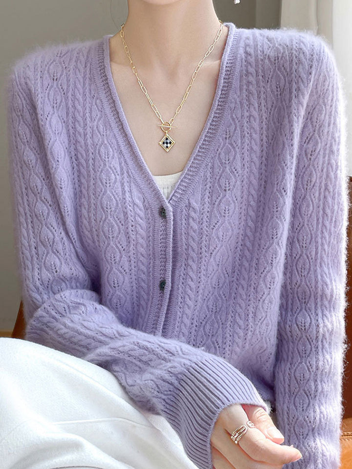 Sophia Loose V-Neck Hollowed Jacquard Knitted Top
