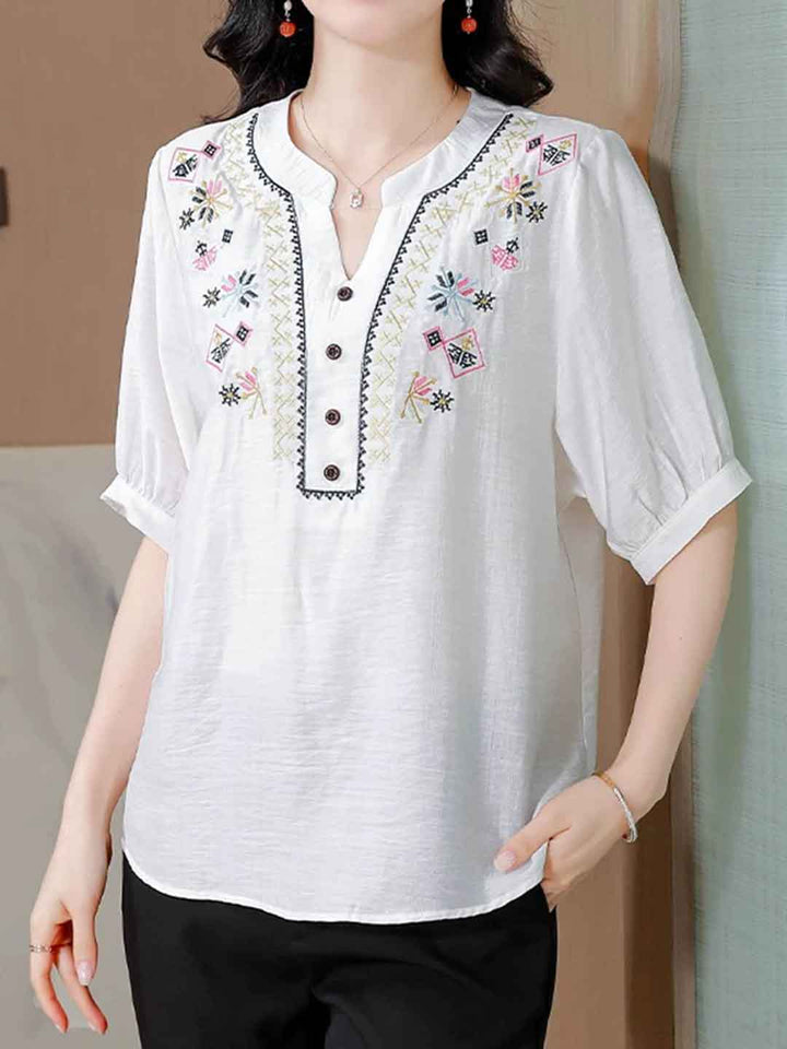 Hailey Loose V-Neck Puff Sleeve Embroidered Top