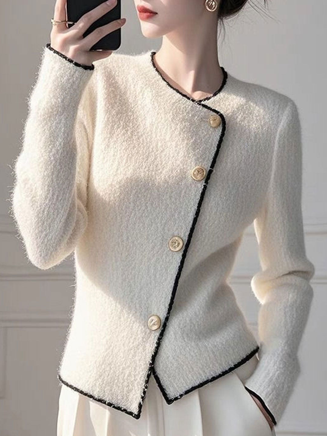 Ella Daily Crew Neck Irregular Solid Color Knitted Cardigan