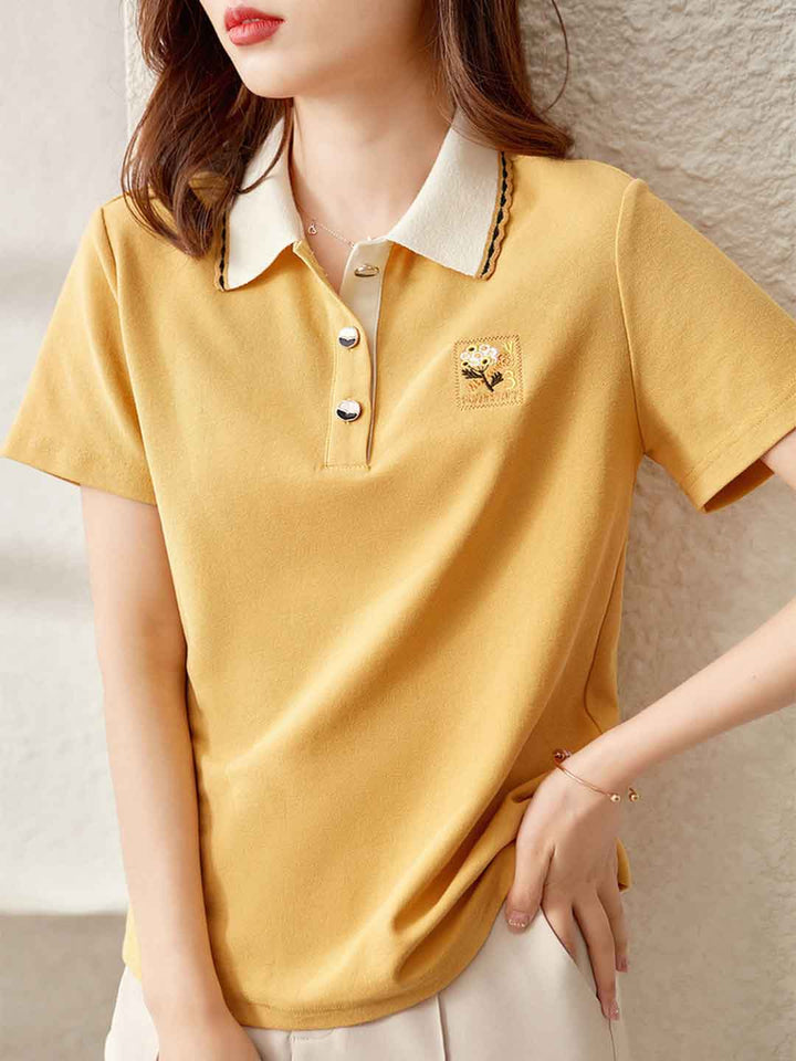 Bailey Casual Polo Neck Embroidered Contrasted Top