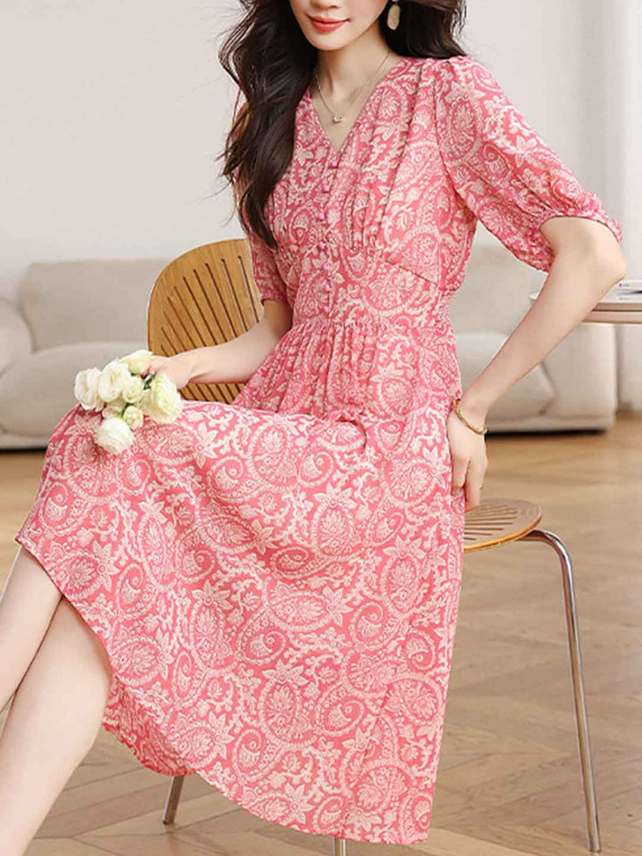 Victoria Classic V-Neck Floral Chiffon Dress